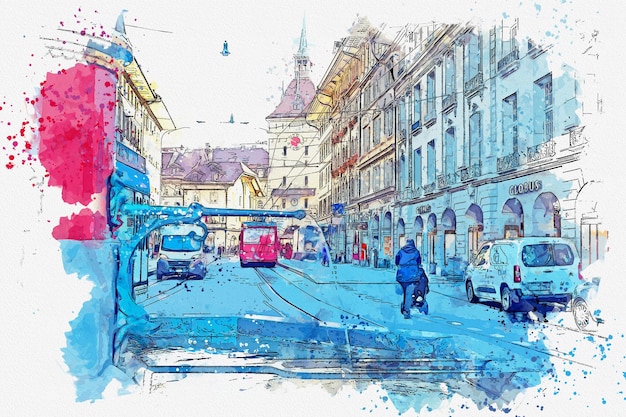 Watercolor drawing picture city of bern beautiful city at switzerland