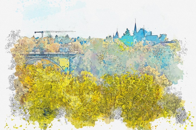 Watercolor drawing picture city of bern beautiful city at Switzerland