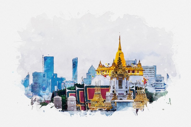 Watercolor drawing picture of downtown and famous landmark at bangkok thailand