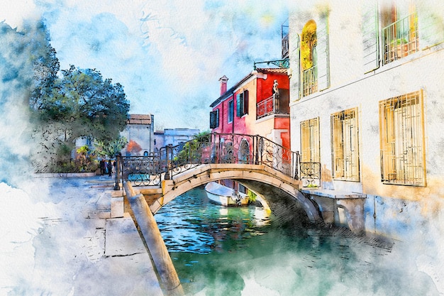 Watercolor drawing picture of Venice Famous landmark of Italy Venezia Italy