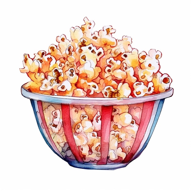 A watercolor drawing of a popcorn bowl.