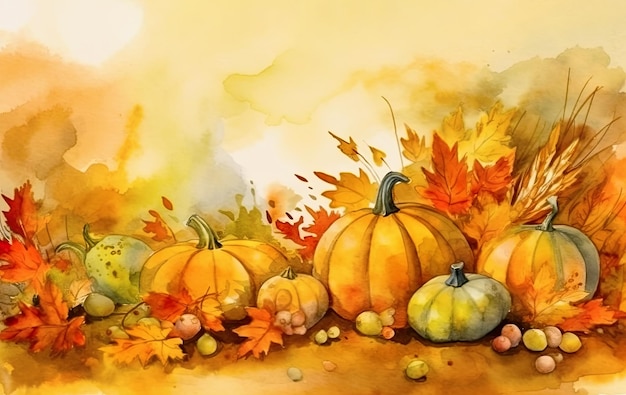 Watercolor drawing of pumpkins and autumn leaves thanksgiving day banner idea AI generated