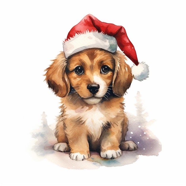 A watercolor drawing of a puppy wearing a santa hat.