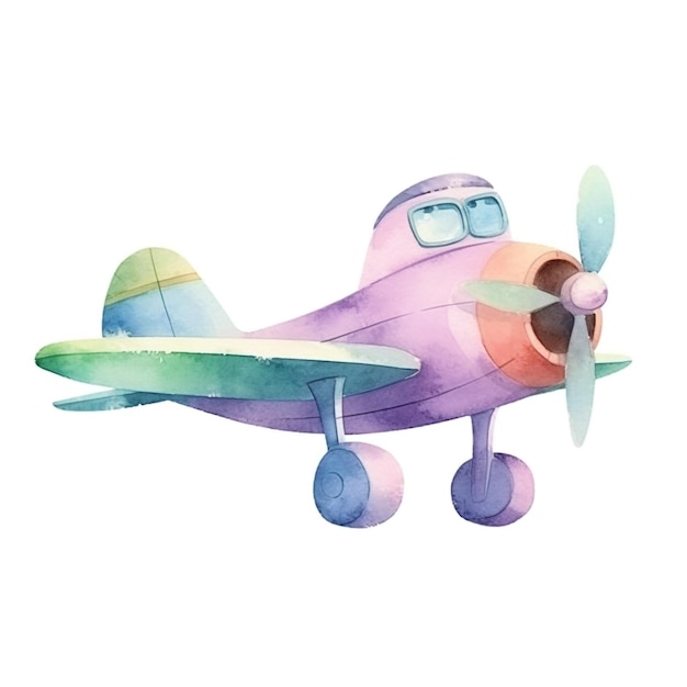 Foto un disegno ad acquerello di un aeroplano viola con un'elica.