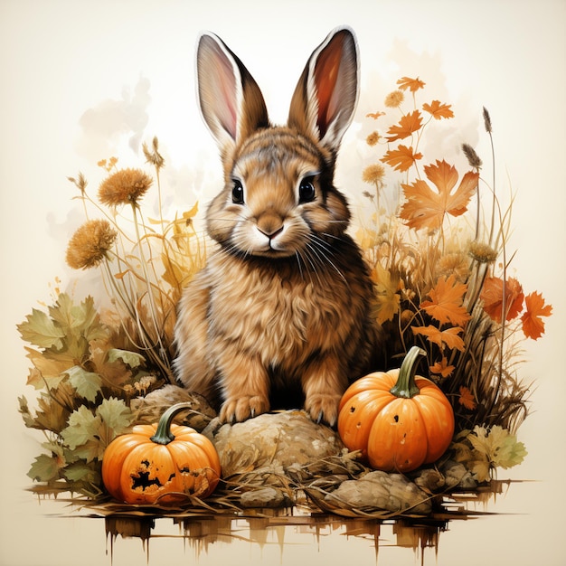 Watercolor drawing of a rabbit on autumn pumpkins thanksgiving day card autumn holiday