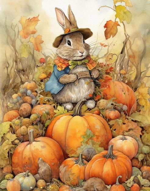 Акварельный рисунок кролика на осенних тыквах открытка на день благодарения осенний праздник