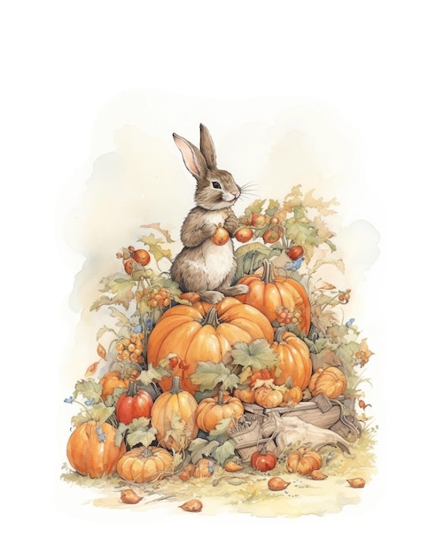 Watercolor drawing of a rabbit on autumn pumpkins thanksgiving day card autumn holiday