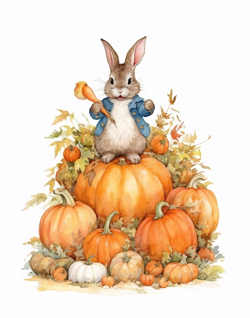 Watercolor drawing of a rabbit on autumn pumpkins thanksgiving day card autumn holiday