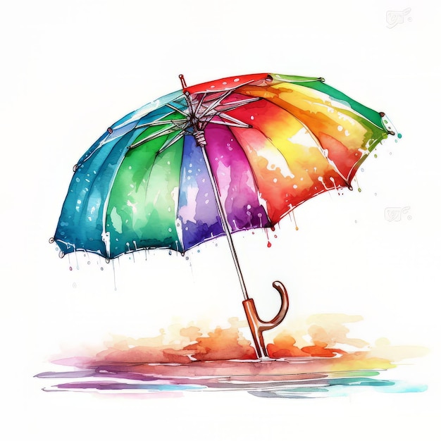 A watercolor drawing of a rainbow umbrella with the word rainbow on it.