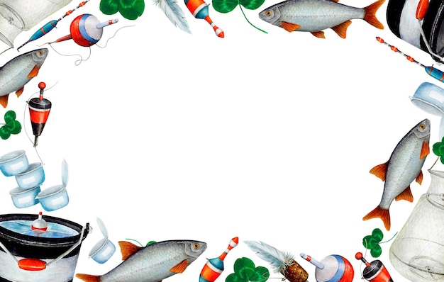 Foto cornice rettangolare disegno ad acquerello da vari bobblers da pesca secchi di pesce foglie di trifoglio pesca