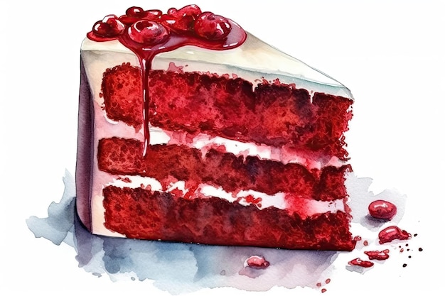 Watercolor Drawing Red Velvet Cake On White Background Generative AI