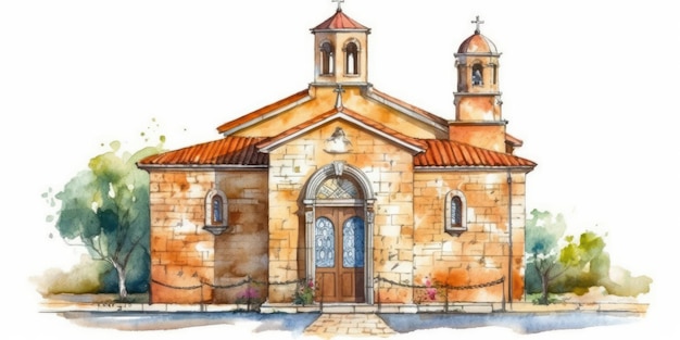 Акварельный рисунок романской церкви