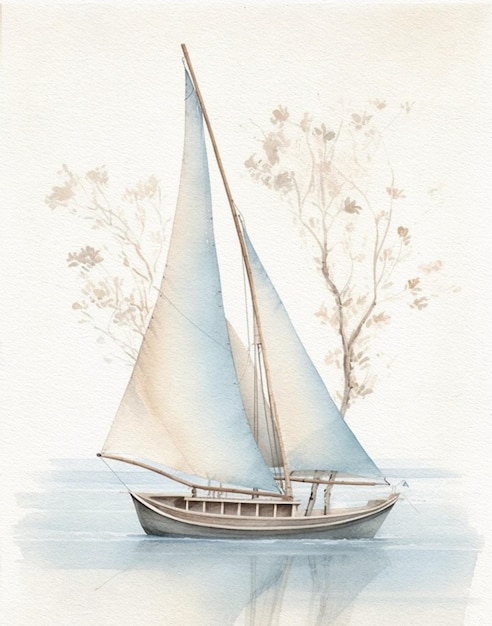 watercolor drawing of a sailing yacht on the water in light colors on a white background
