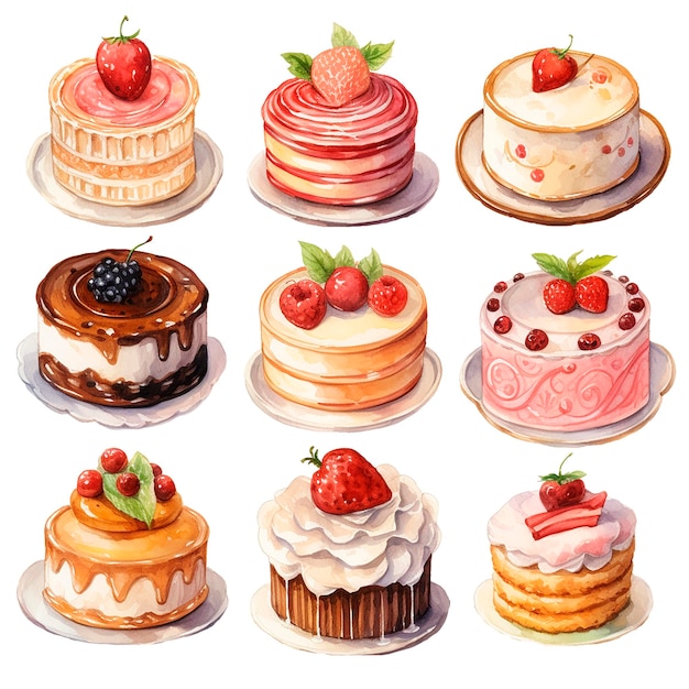 watercolor drawing set of cakes and pastries with whipped cream berries and chocolate in vintage