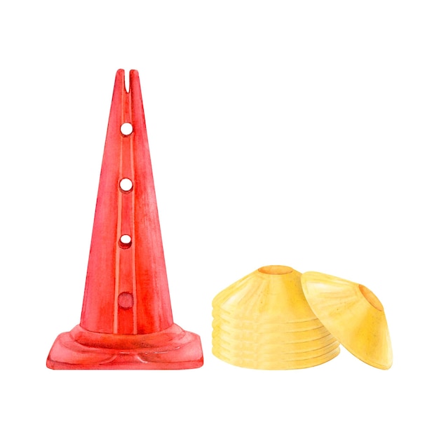 Watercolor drawing set of sport or road red high and low yellow plastic cones scillfully painted