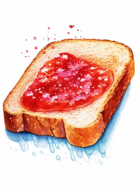 A watercolor drawing of a slice of bread with jam on it.