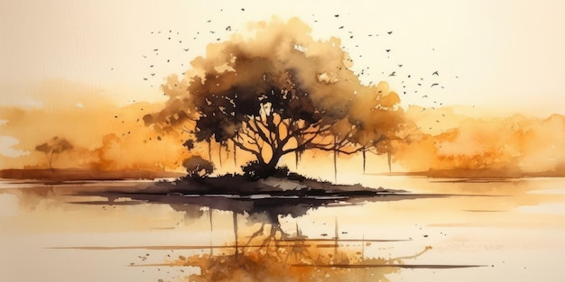 Watercolor drawing of a small island at sunset