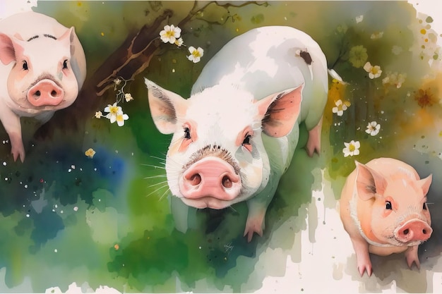 Watercolor drawing of small pigs on a pasture farm Generative AI