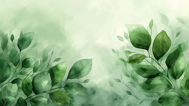 Watercolor drawing sophisticated leaf design on soft green background with ample copy space backdrop