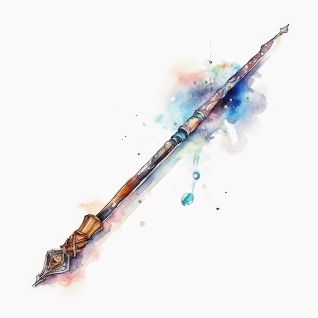 A watercolor drawing of a spear with a paint splashing effect.