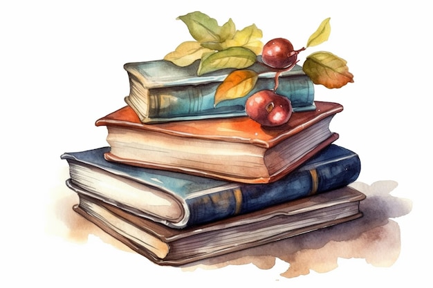 A watercolor drawing of a stack of books with a branch on top.