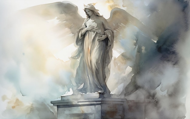 Watercolor drawing of a statue of an an angel in thick fog