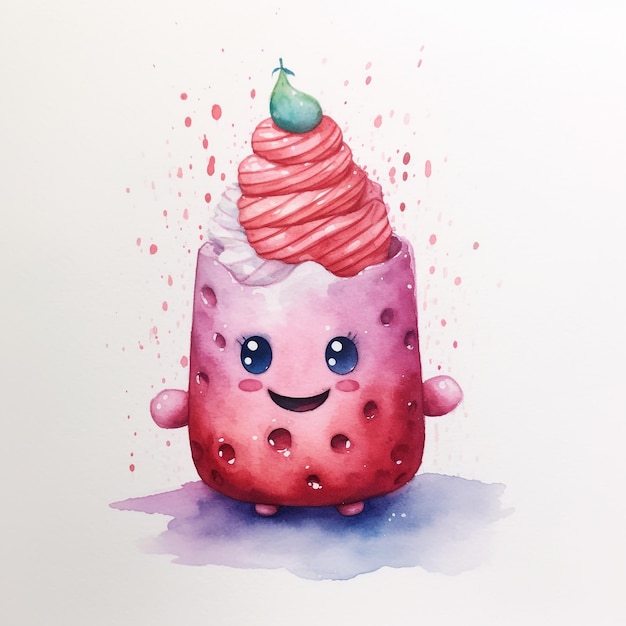 A watercolor drawing of a strawberry ice cream with a smiling face.