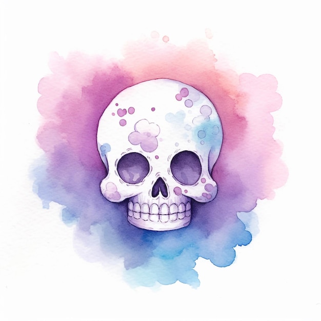 Watercolor drawing of a sugar skull with purple and pink background.