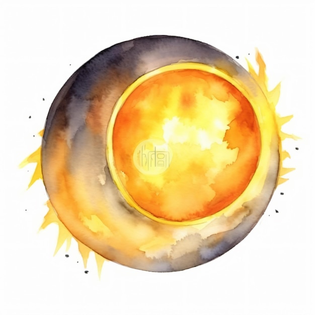 Акварельный рисунок солнца и планеты.