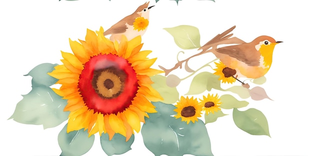 Watercolor drawing sunflower flower and birds on a white background