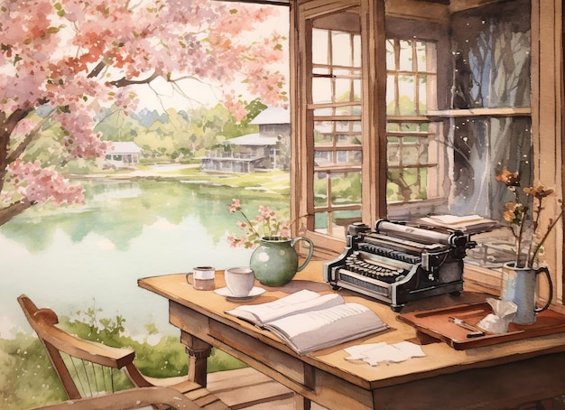 Watercolor drawing table with a typewriter and cups against the backdrop of flowering trees in the garden