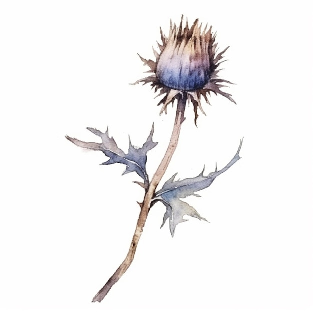 A watercolor drawing of a thistle with blue leaves.