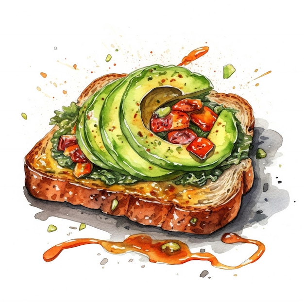 Watercolor drawing of a toast with avocado and tomato sauce