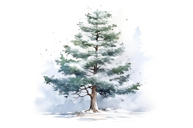 A watercolor drawing of a tree with a snow covered ground