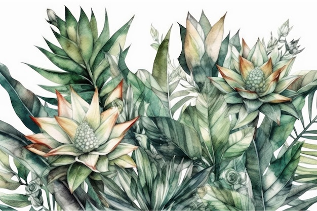 A watercolor drawing of tropical plants with leaves.