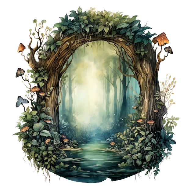 a watercolor drawing of a tunnel with butterflies and a place for a fairy tale.