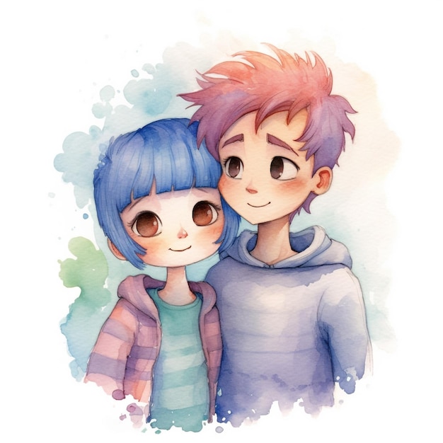 A watercolor drawing of two children with blue hair and blue eyes.