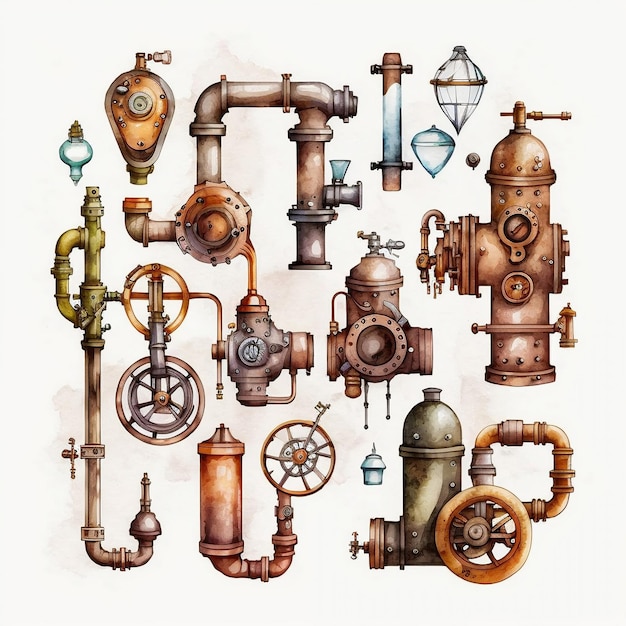 A watercolor drawing of various pipes and valves.