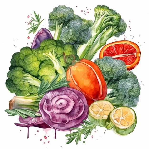 Акварельный рисунок овощей, включая брокколи, брокколи, морковь, брокколи и другие овощи.