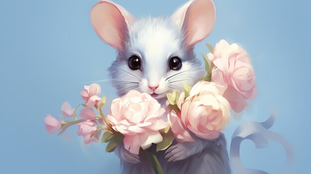 акварельный рисунок очень милого мышонка с большими ушами с цветком в лапках