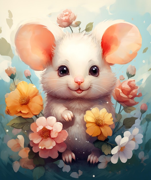 watercolor drawing of a very cute little mouse with big ears with a flower in its paws