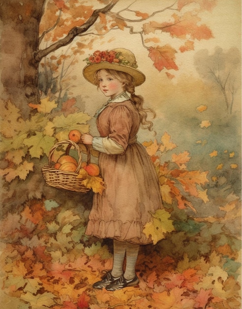 watercolor drawing of a vintage autumn park and a young girl in ancient clothes