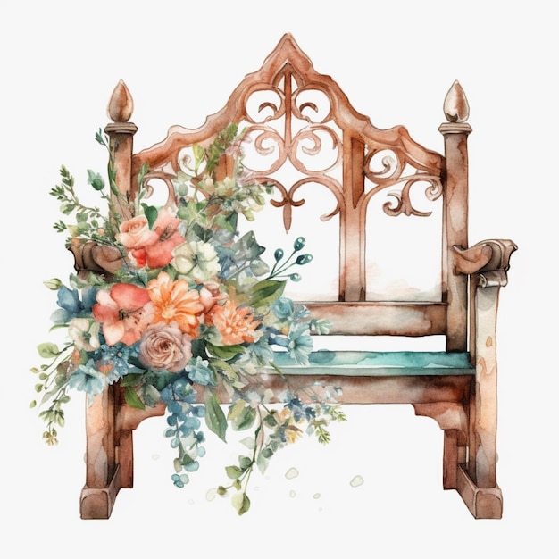 A watercolor drawing of a vintage chair with flowers