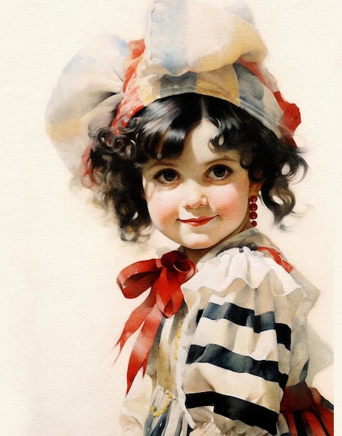 watercolor drawing vintage portrait of baby girl with black hair vintage harlequin