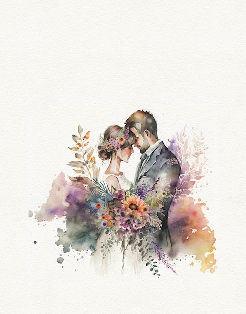 watercolor drawing wedding bride and groom in flowers, wedding card or wedding invitation, couple in