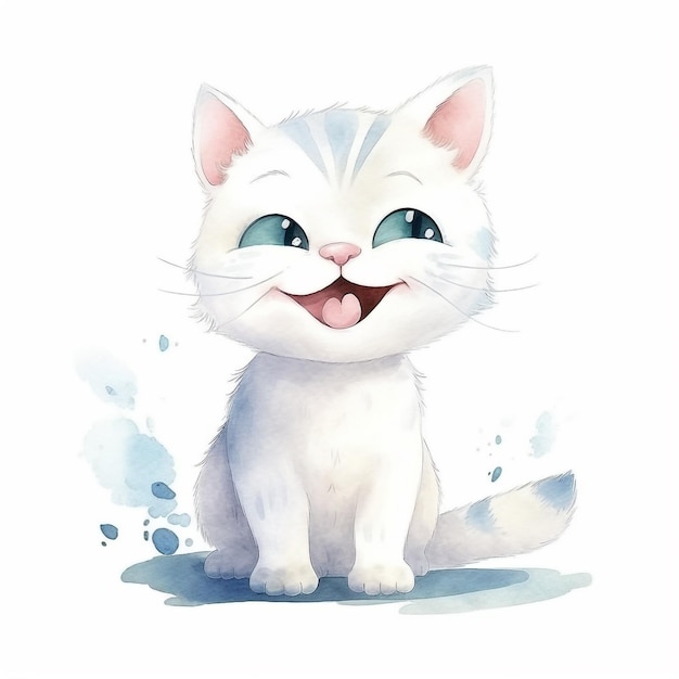 A watercolor drawing of a white cat with blue eyes.