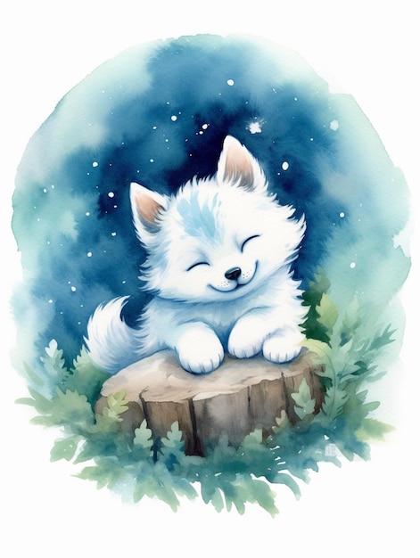 Акварельный рисунок белого пушистого кота с голубым лицом и голубыми глазами.