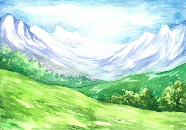 Watercolor drawing with mountain landscape.