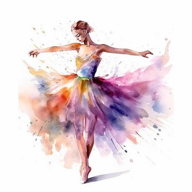 a watercolor drawing of a woman dancing with a colorful dress.