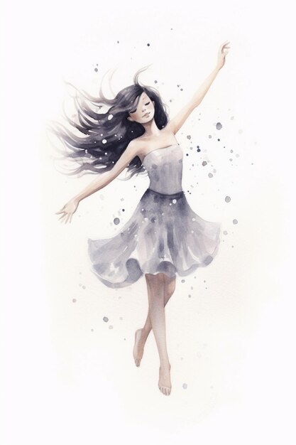 a watercolor drawing of a woman with hair flying in the wind.